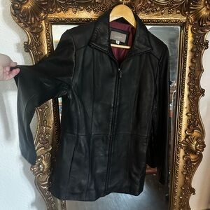 croft & barrow Black Leather Jacket with Burgundy Lining